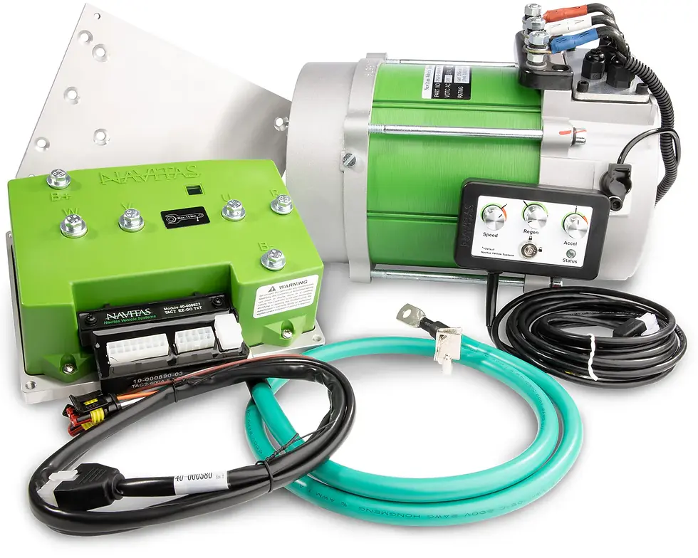 Kit for golf cart performance upgrades: motor, controller, cables.