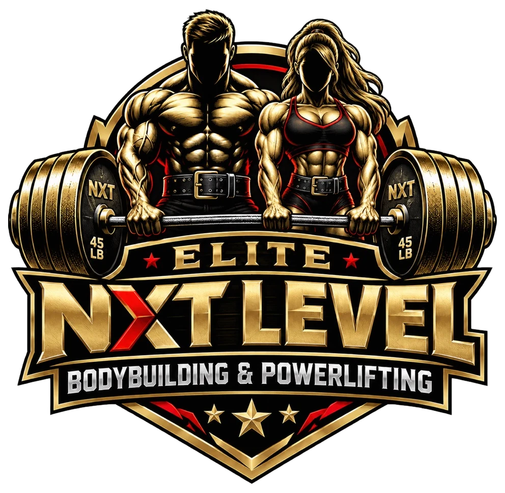 Elite NXT Level Bodybuilding and Powerlifting logo with two lifters holding a barbell