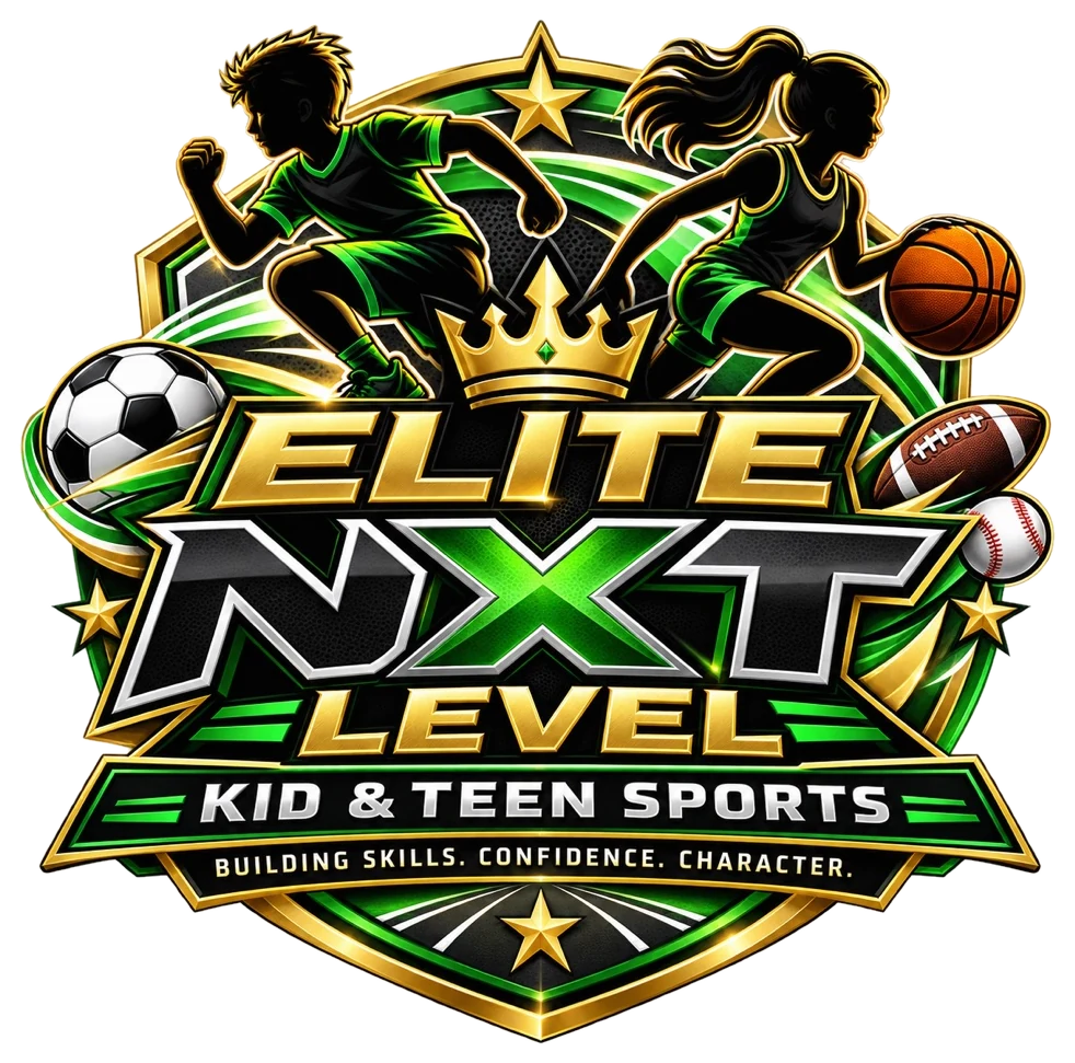 Elite NXT Level Kid and Teen Sports logo with young athletes and multiple sports