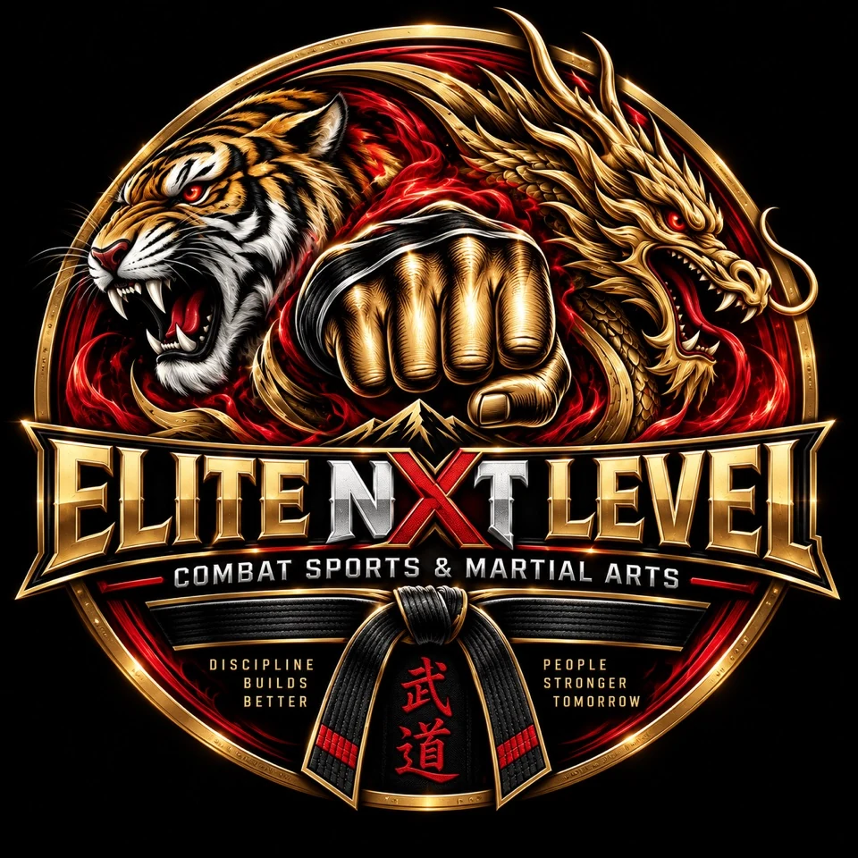 Elite NXT Level Combat Sports and Martial Arts logo with a tiger, dragon, fist and black belt