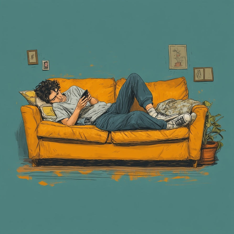 Person relaxing on an orange sofa against a teal wall, engrossed in their phone. Casual attire, framed art, and a potted plant nearby.
