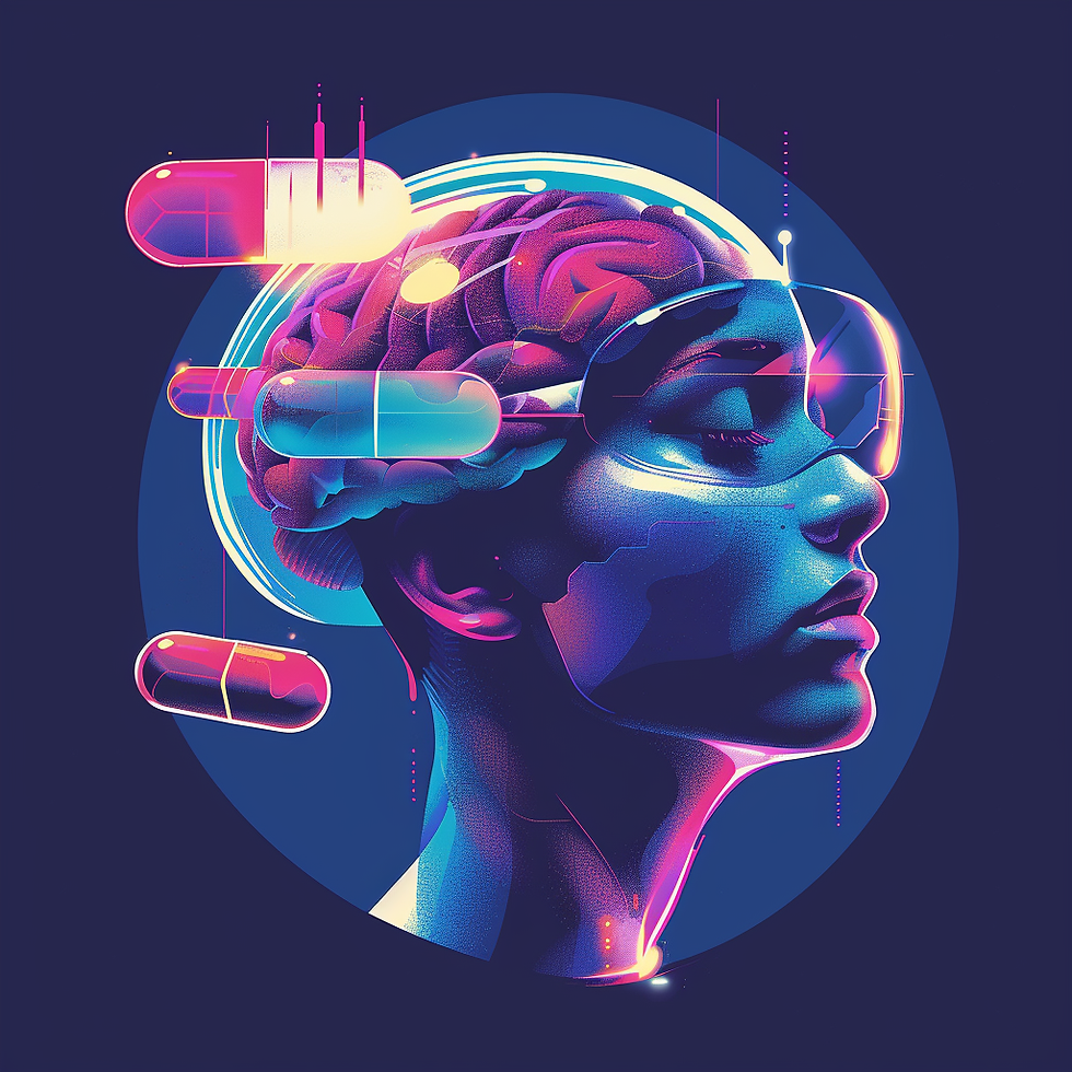 Photo of a futuristic woman brain and pills
