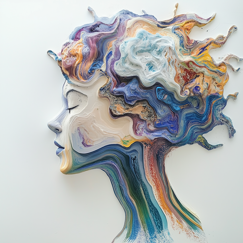 Abstract art depicting a side profile of a face with eyes closed. Hair flows in vibrant colors and textures on a white background. Calm mood.