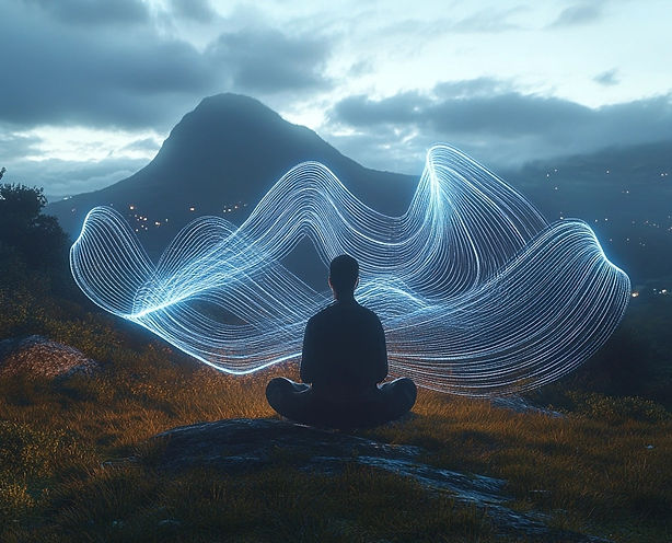 Digital lines or biometrics displayed on a peaceful natural background Merges the tech aspect of biofeedback with the serenity it aims to create.