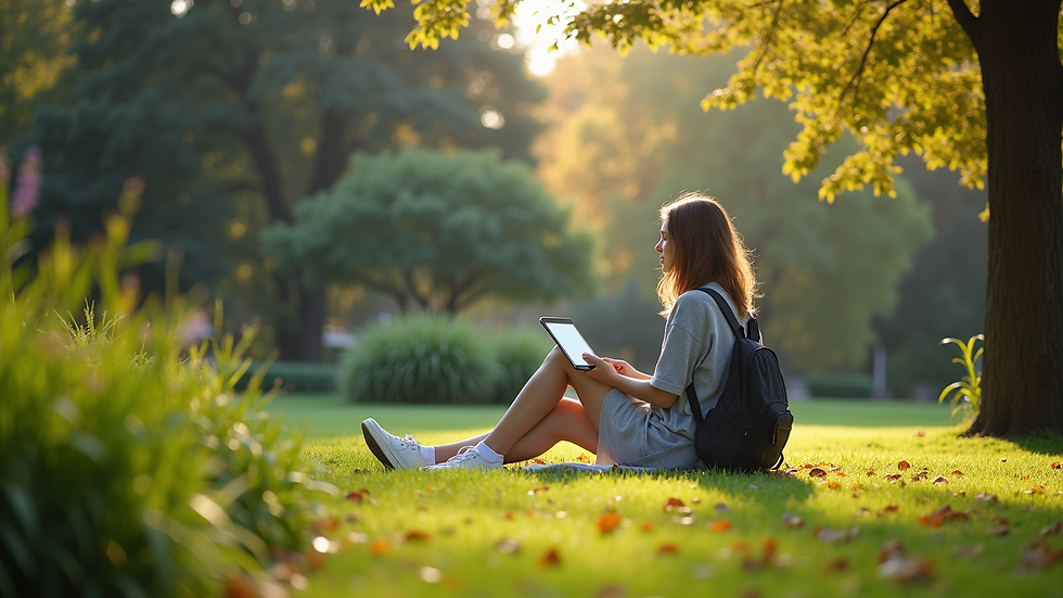 Eye-level view of a student relaxing in a quiet garden on campus
