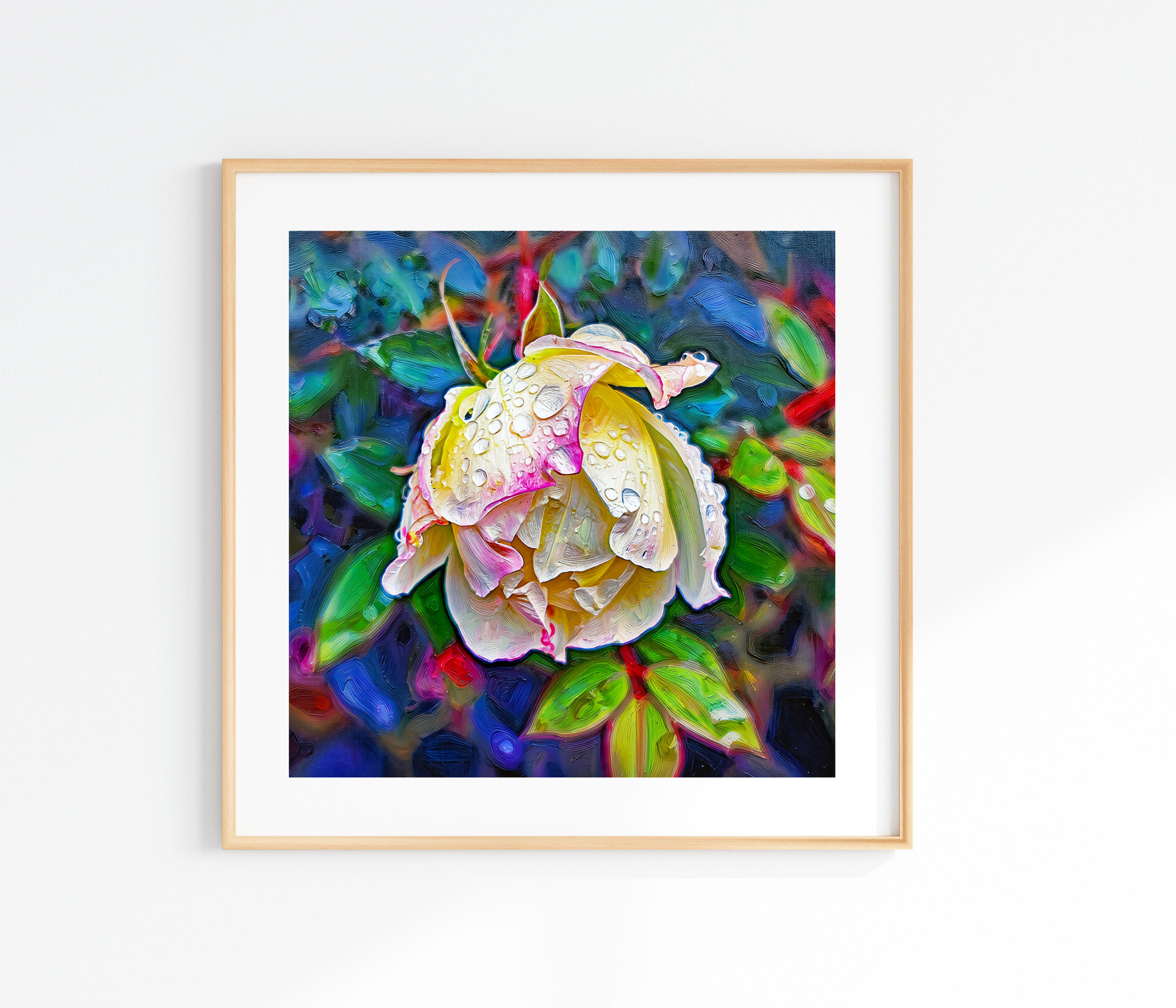 Vibrant Yellow Rose Oil Painting Print - Textured Floral Wall Art with Dew Drops