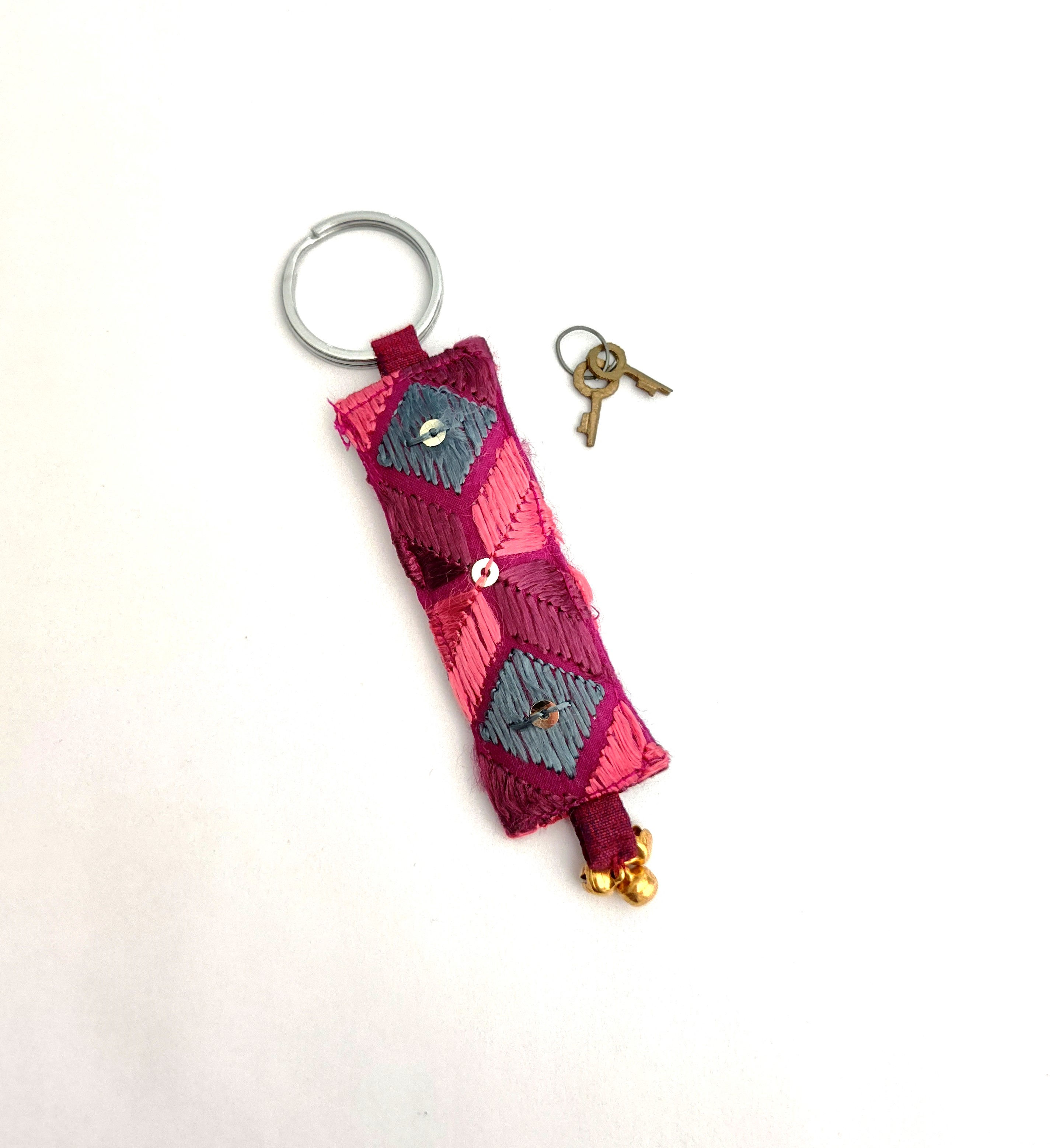 Plum Pink Grey Phulkari Keychain