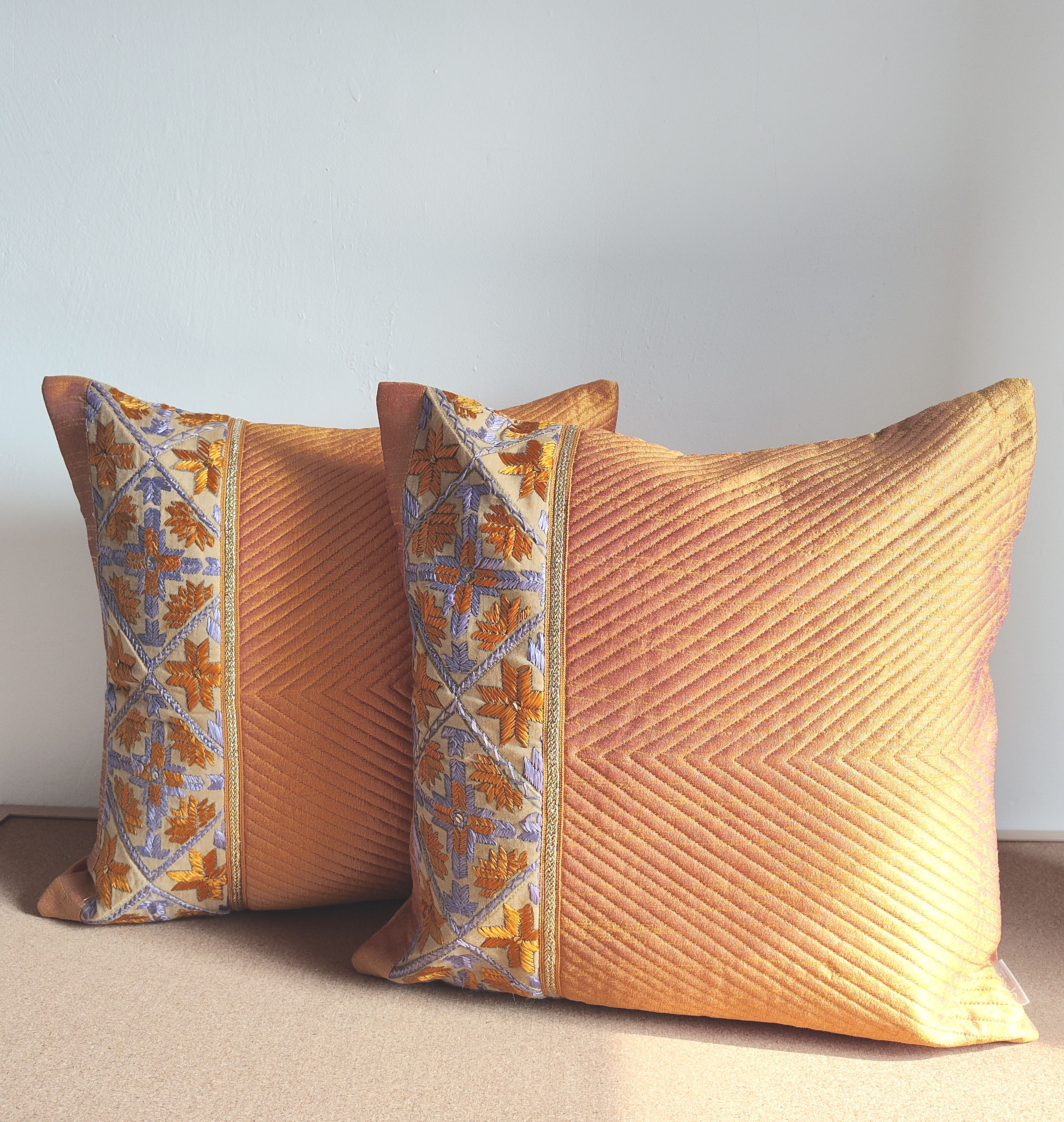 Gold Yellow Cushion Cover with Phulkari Embroidered