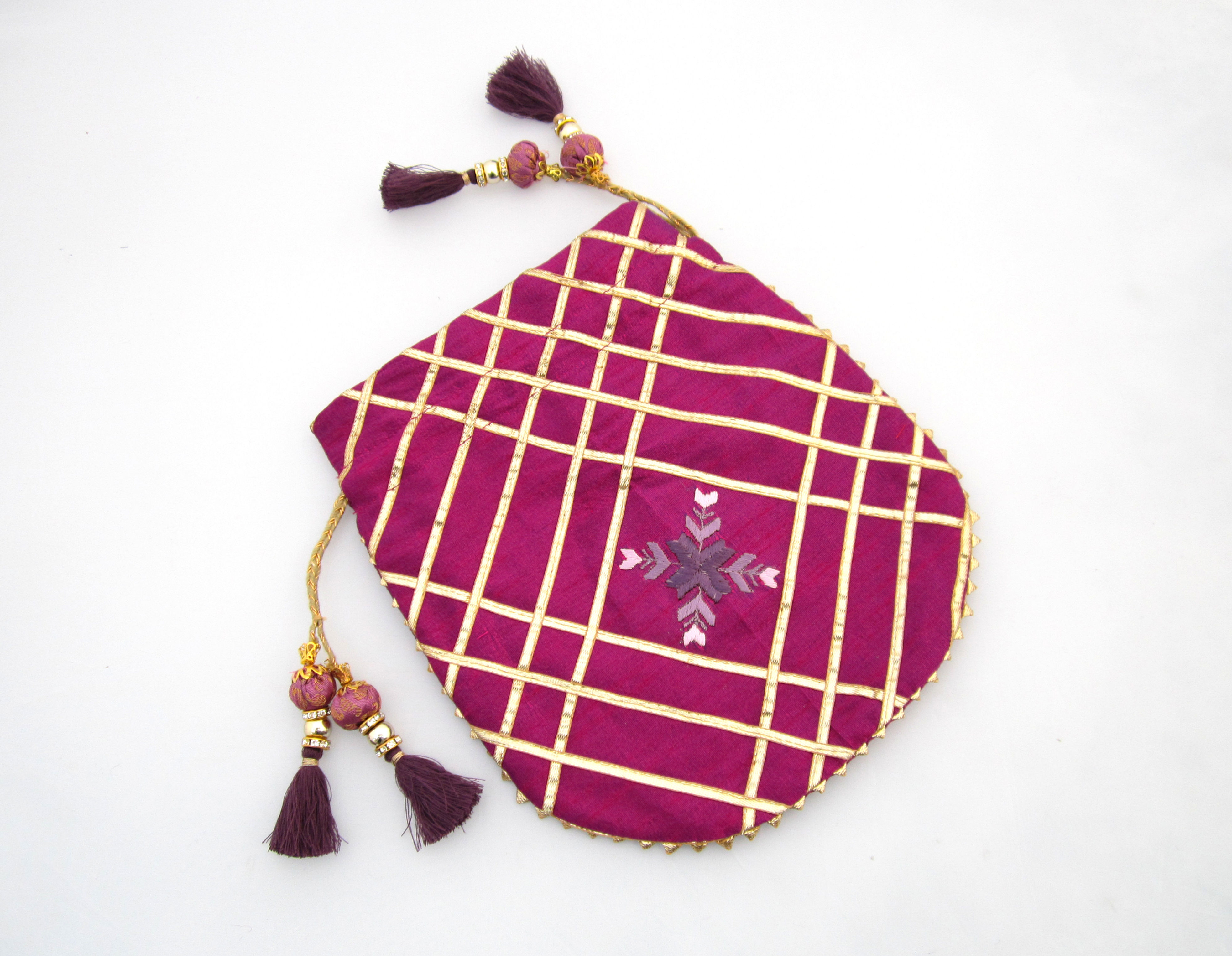 Plum embroidered Phulkari Potli with Gota work