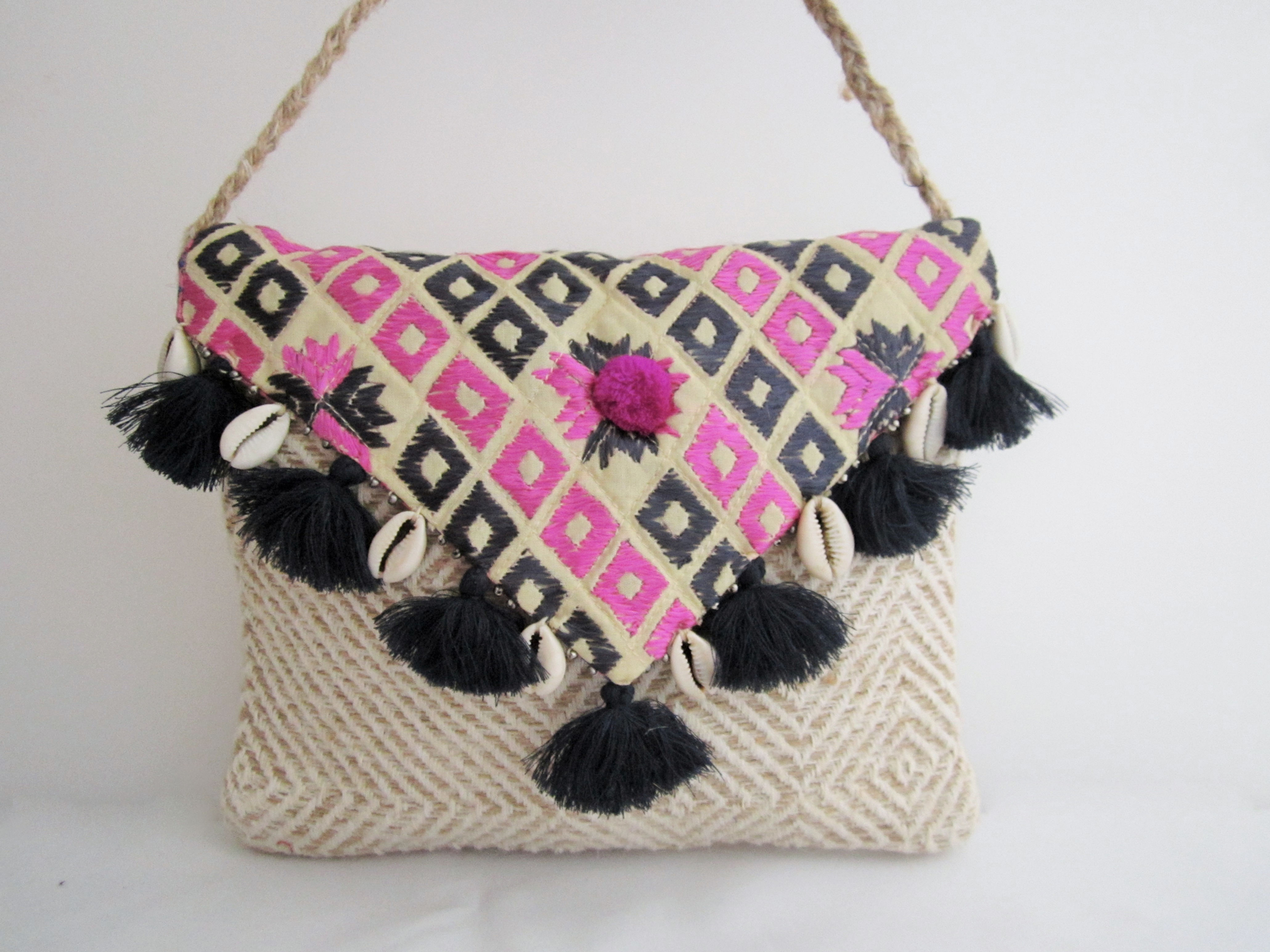 Mauve and Grey phulkari jute sling bag