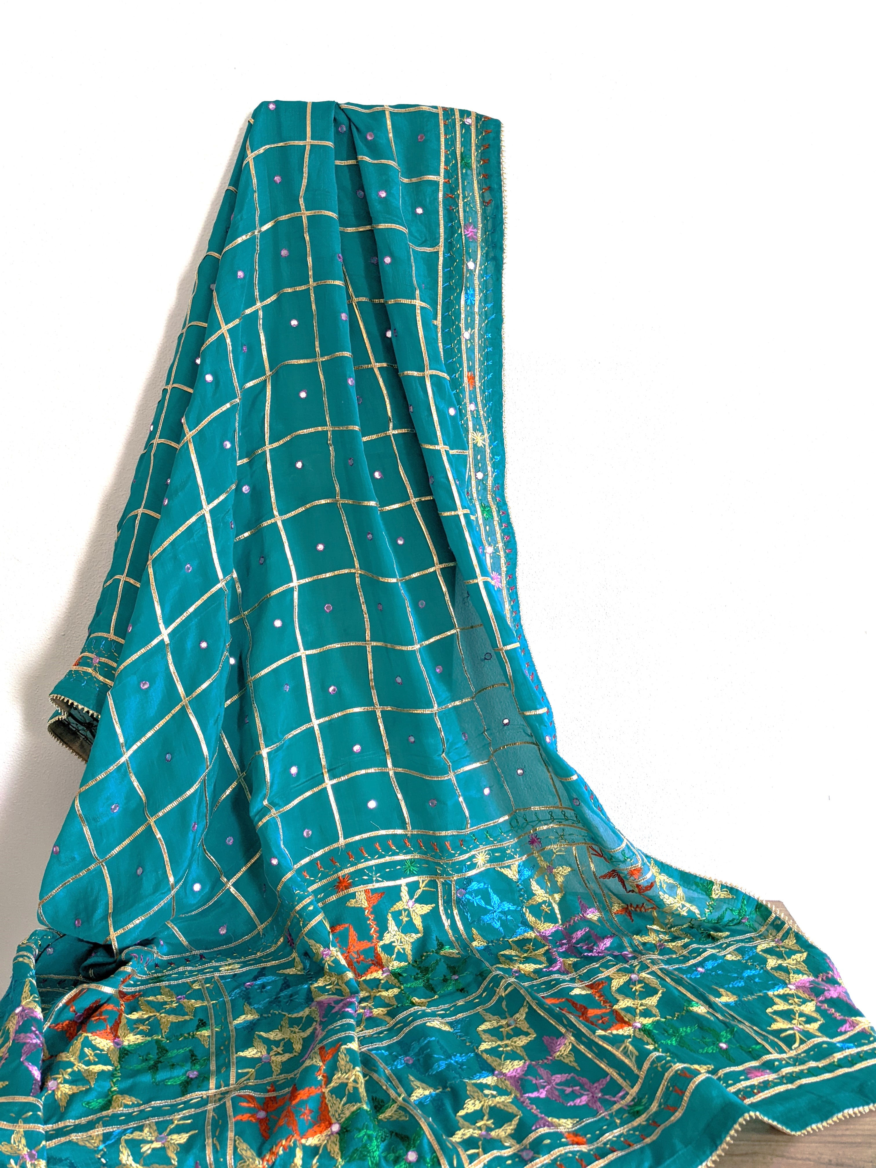 Teal Embroidered Phulkari with Gota