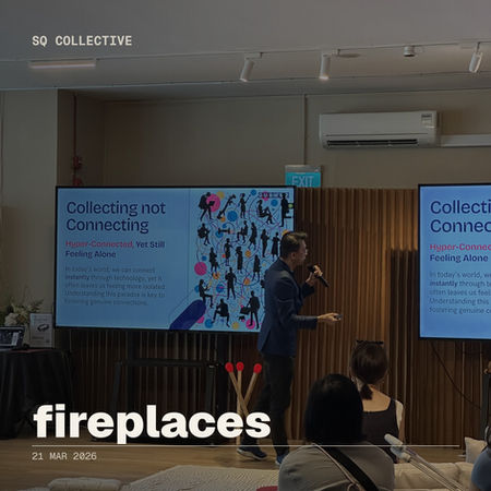 fireplaces event: A speaker presents on stage to an engaged audience, emphasizing creative culture. SQ Collective.