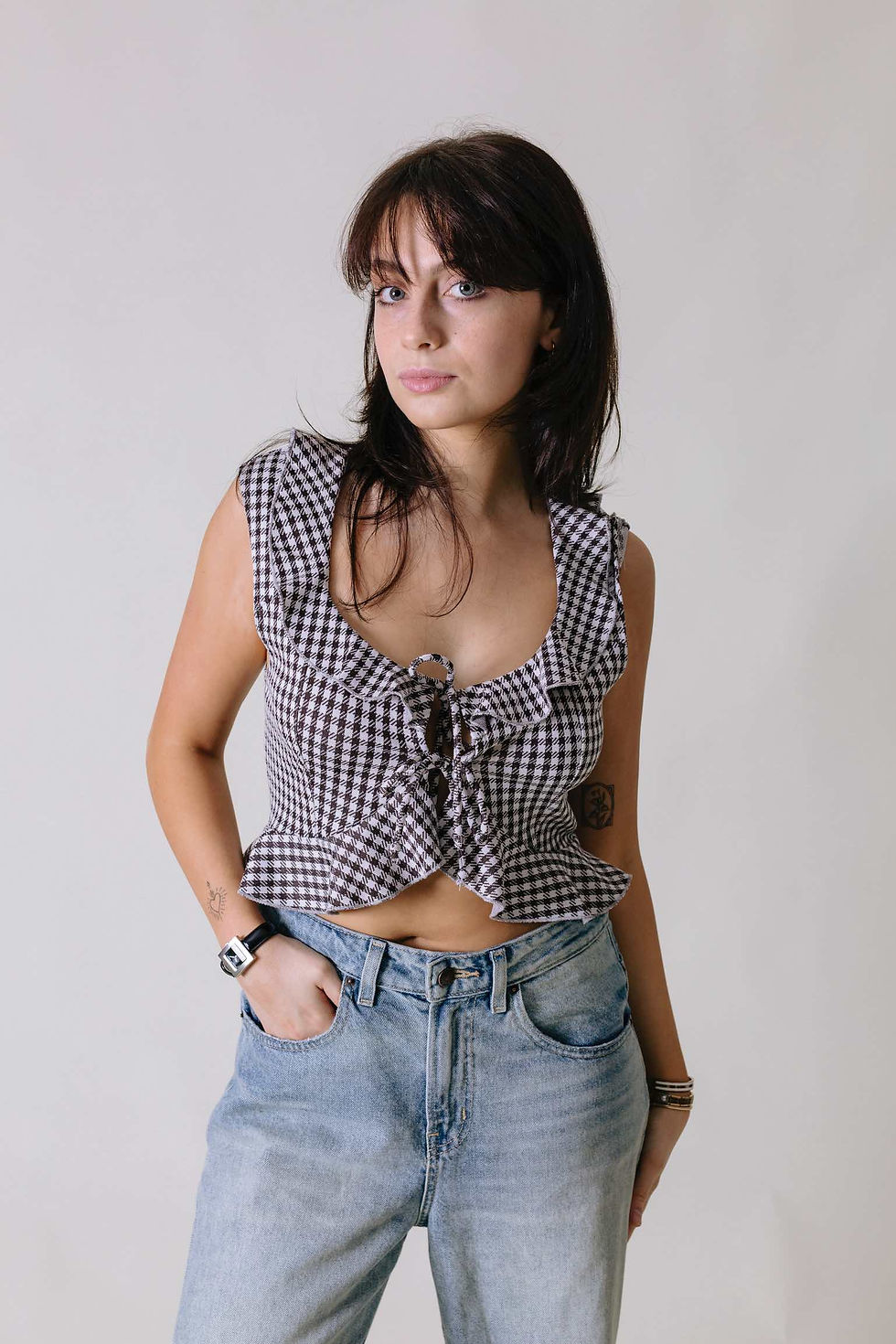 Brown gingham tie front top