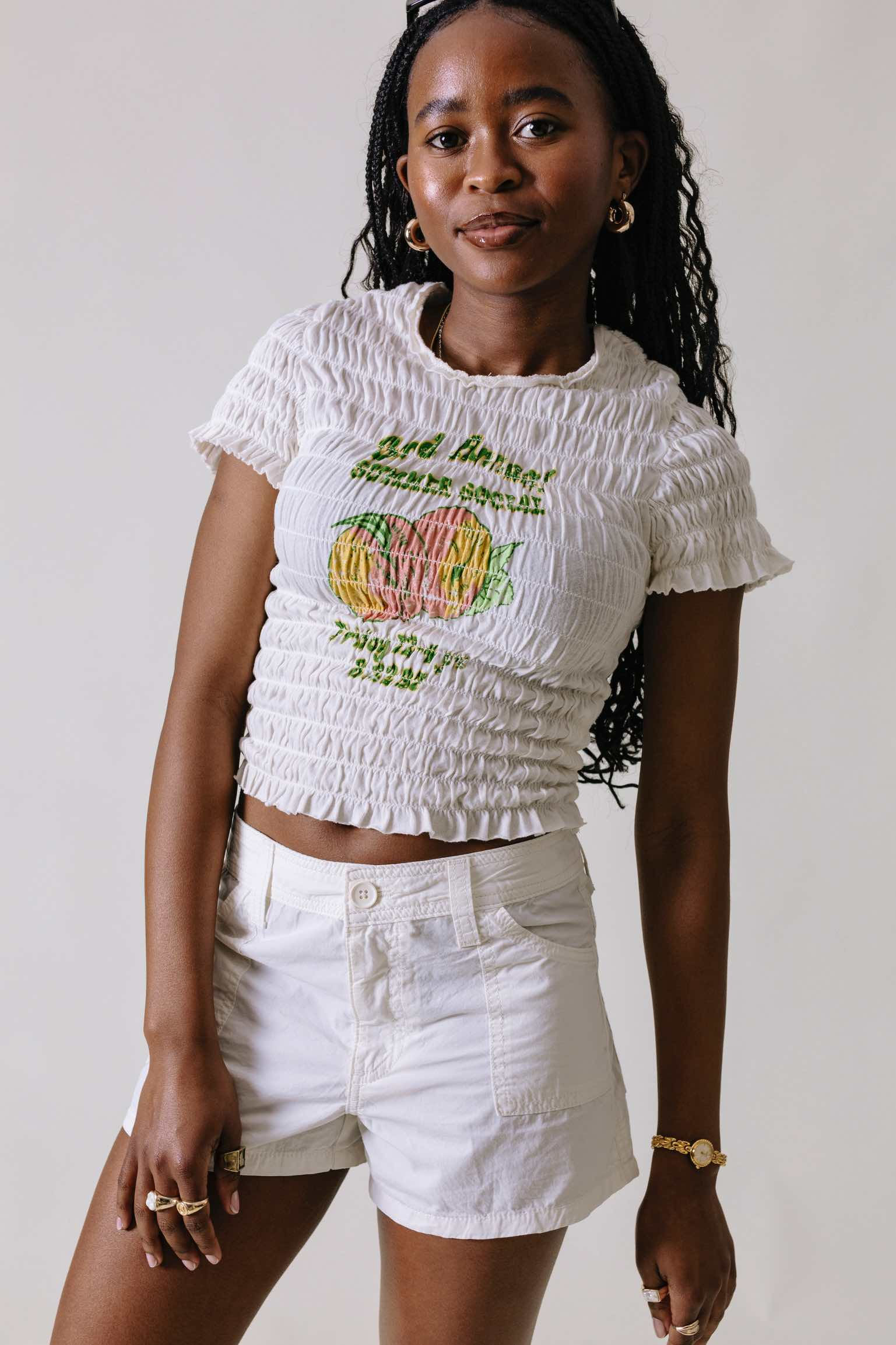 Cream graphic smocked t