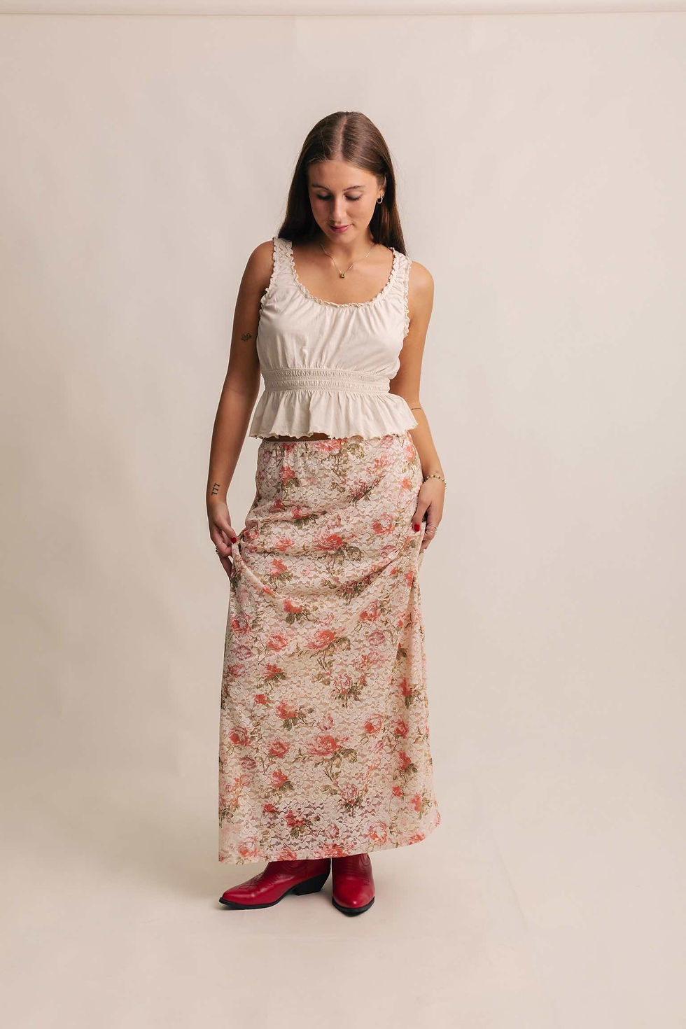 Red rose lace maxi skirt