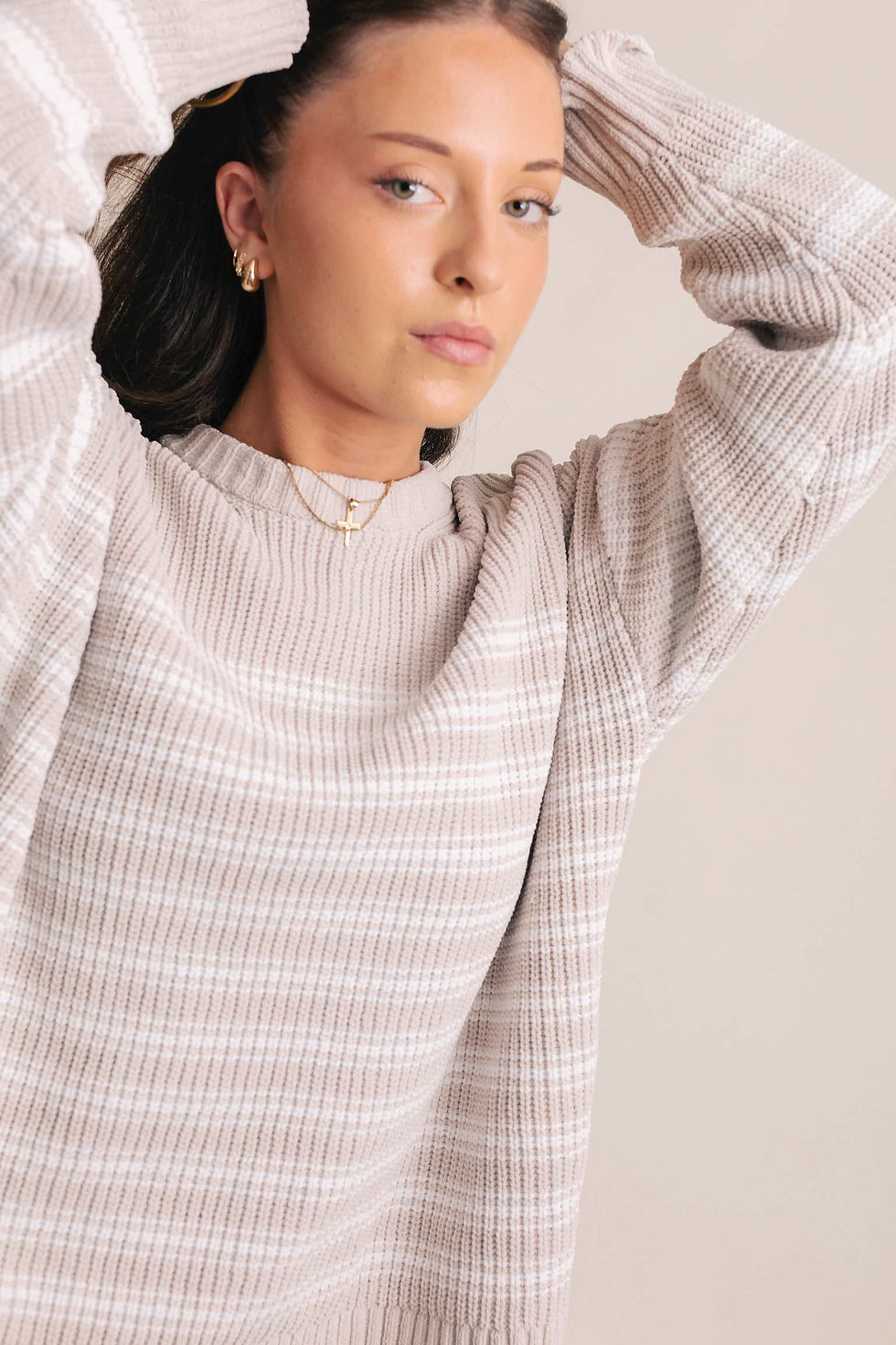 Thumbnail: Beige and white striped knit sweater