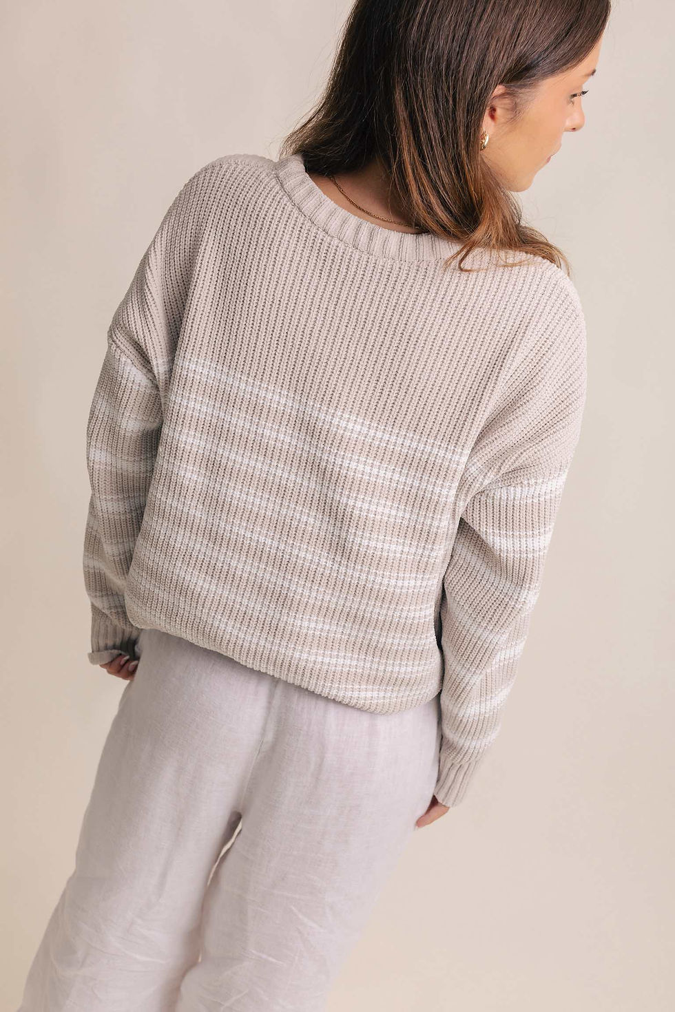 Thumbnail: Beige and white striped knit sweater