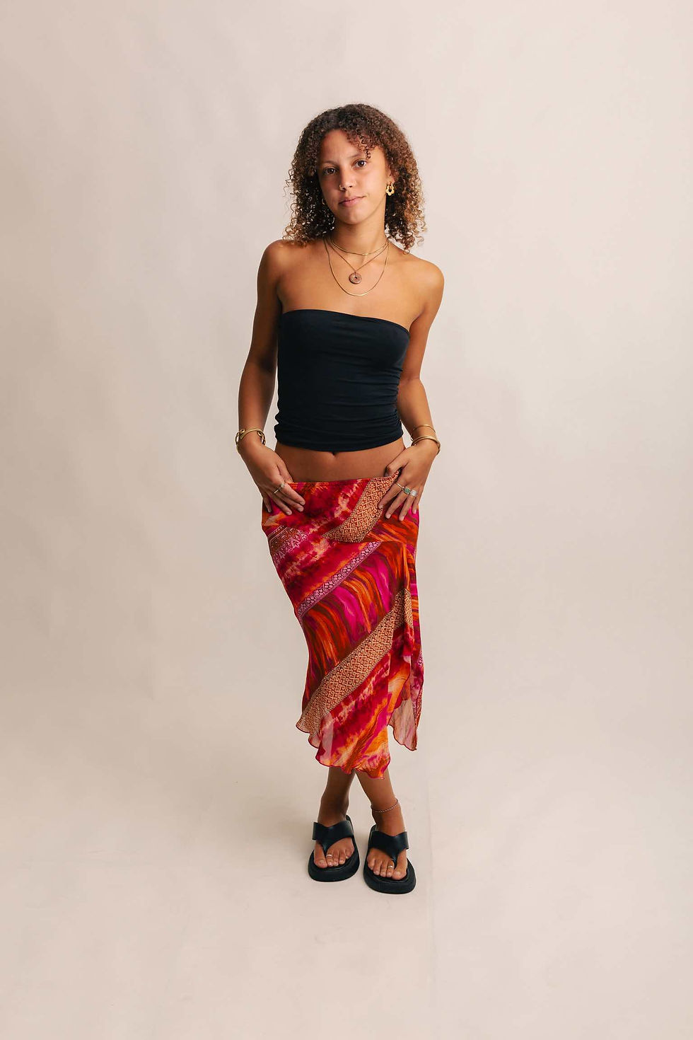 Thumbnail: Pink and orange frilly midi skirt