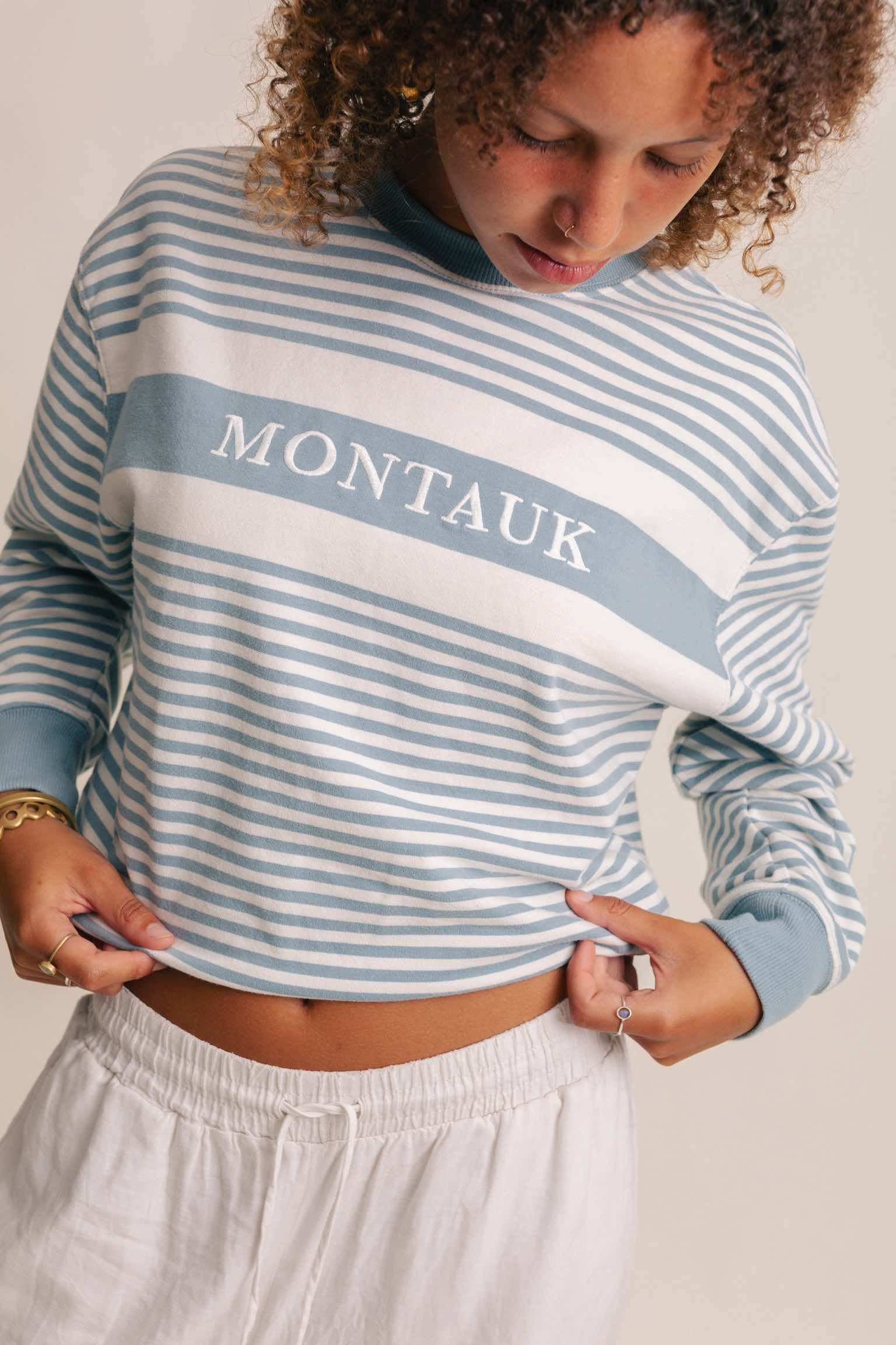 Light blue striped Montauk sweatshirt