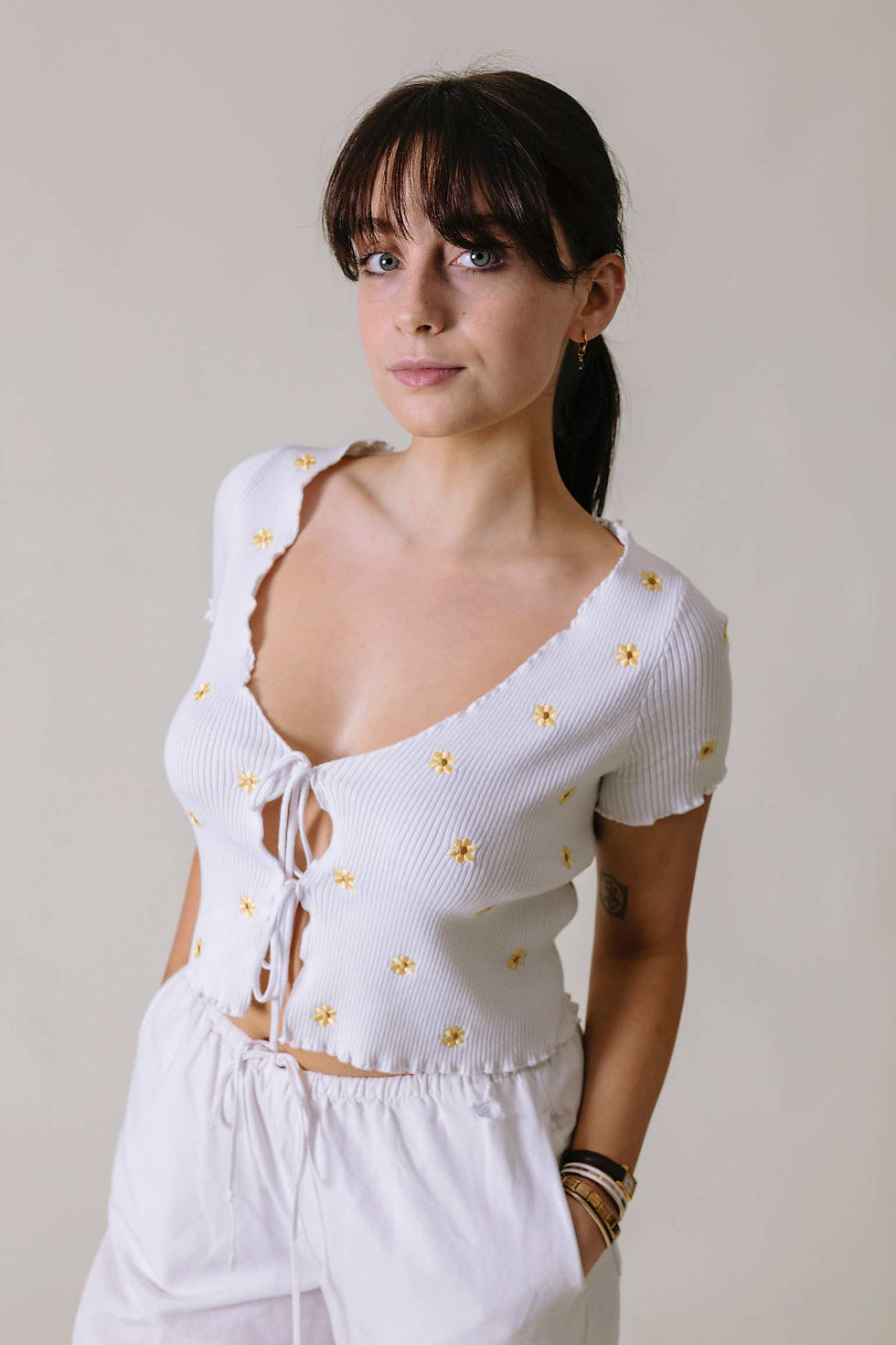 Yellow flower tie front top