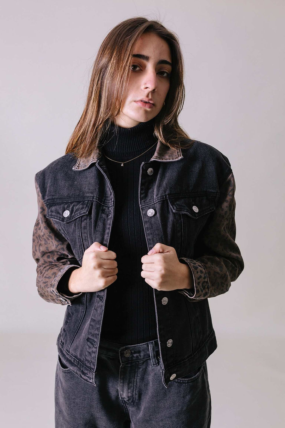 Thumbnail: Black & leopard print denim jacket