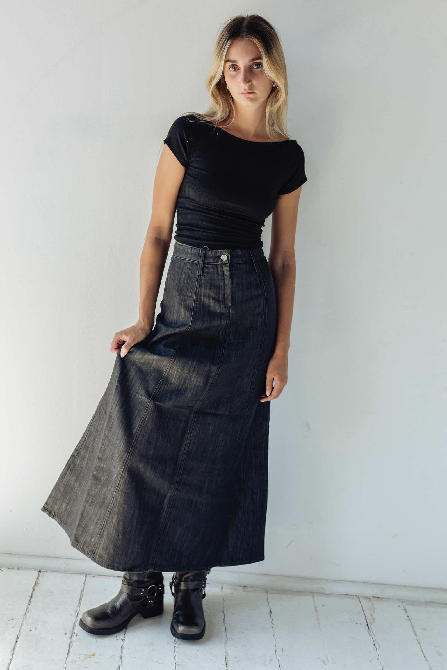 Dark grey denim maxi skirt