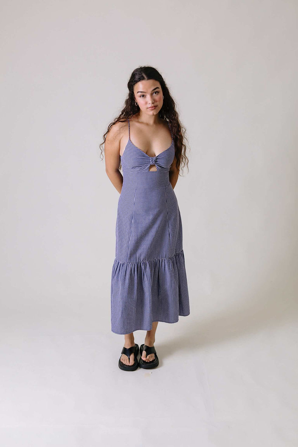 Navy lilac gingham tiered midi dress