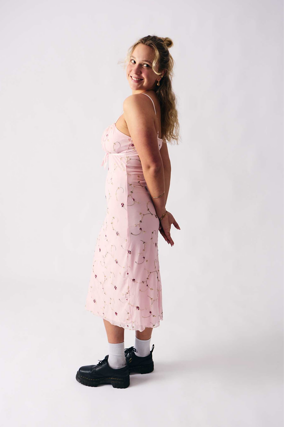 Thumbnail: Pink floral embroidery mesh dress