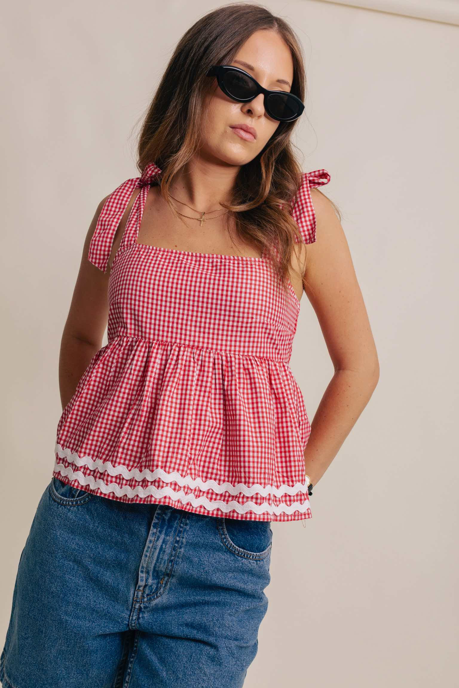 Red gingham baby doll top