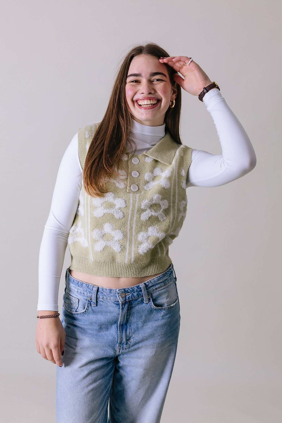 Green daisy knit vest