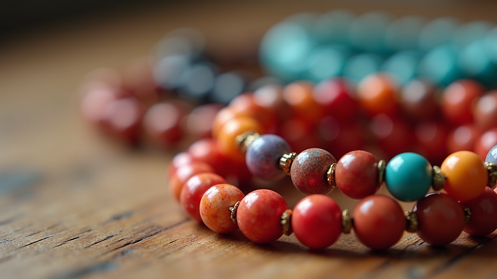 Close-up view of colorful beaded bracelets on a wooden surface