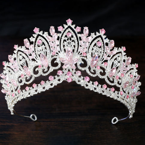 Baroque Royal Queen Pink Crystal Crown Big Diadem Bride Tiaras Crowns for Women