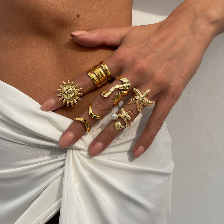6Pcs/Set Vintage Gold Color Sun Starfish Open Ring for Women Men Punk Gothic