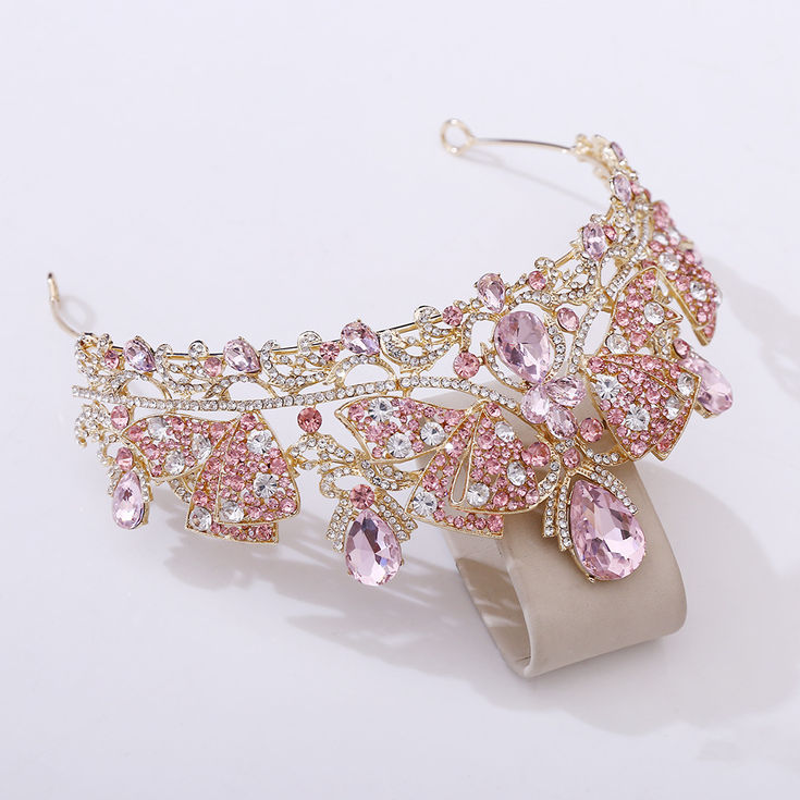 Baroque Vintage Gold Color Butterfly Pink Crystal Bridal