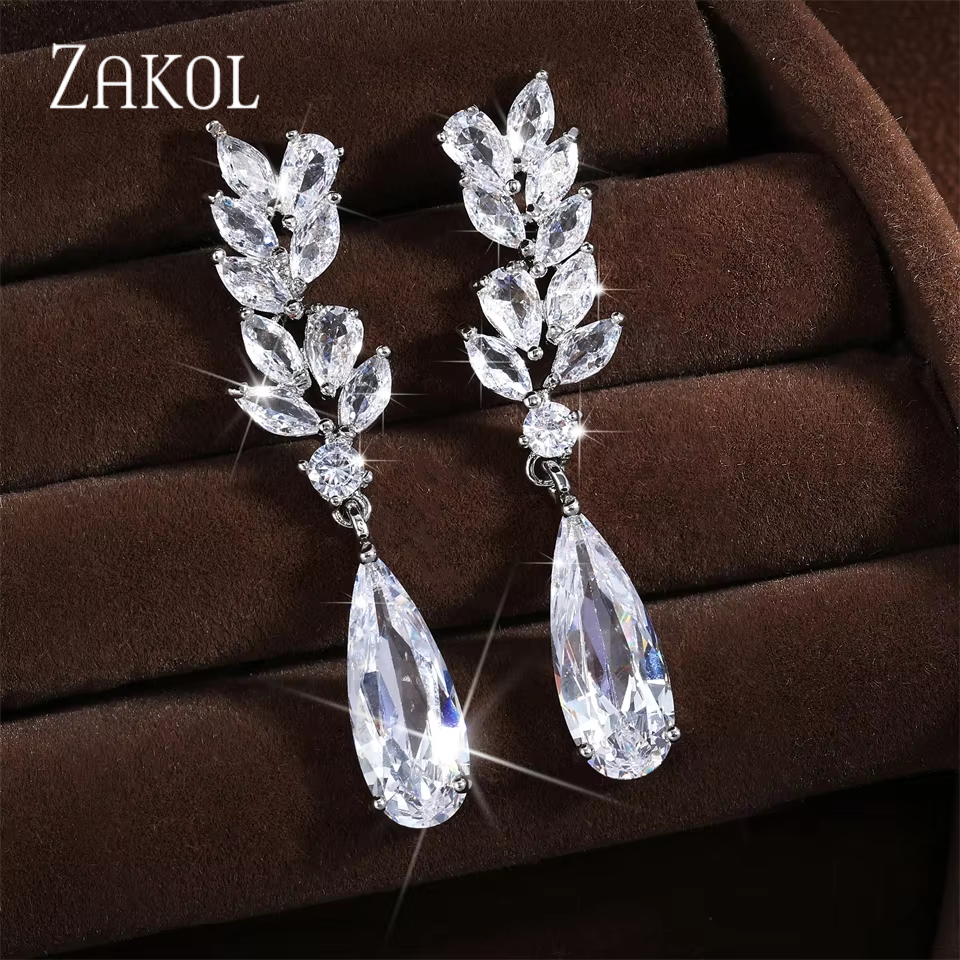 Cubic Zirconia Leaf Dangle Earrings for Women