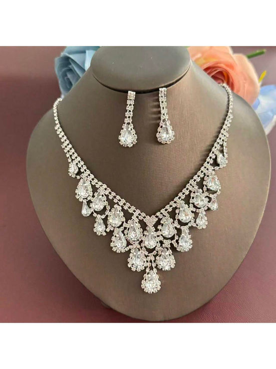 Hot selling bride crystal full diamond necklace earrings two-piece set exquisite