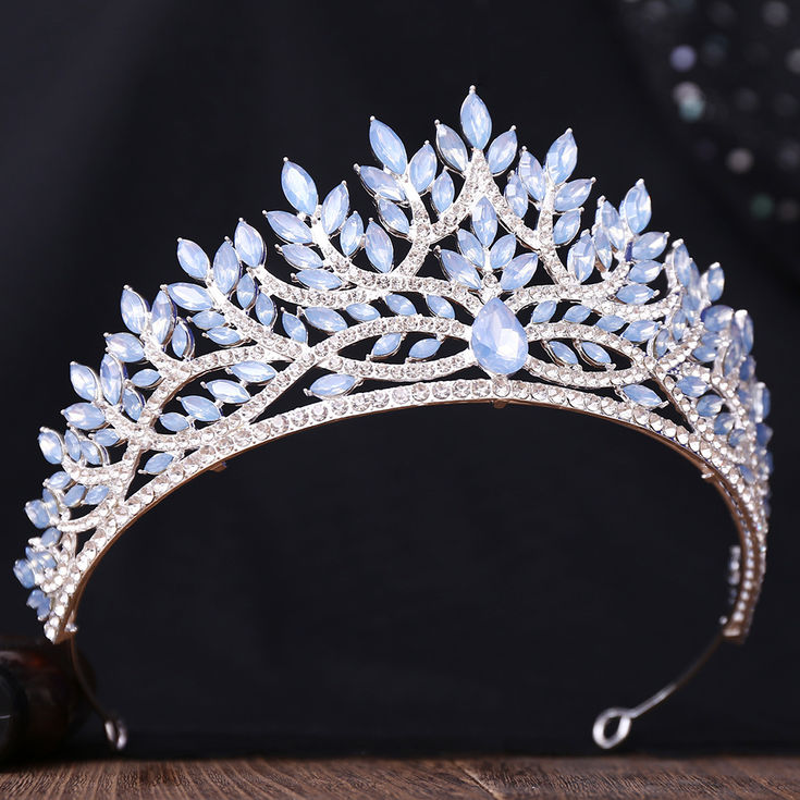 Luxury Silver Color Blue Opal Crystal Leaves Bridal Tiaras Crowns