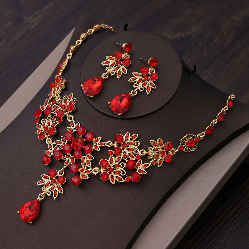 Baroque Gold Color Bridal Jewelry Sets Rhinestone Crown Necklace Earrings