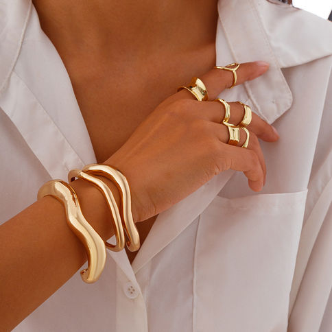 Vintage Cuff Bangles Rings Set Punk Gold Silver Color Geometric Metal Bangle