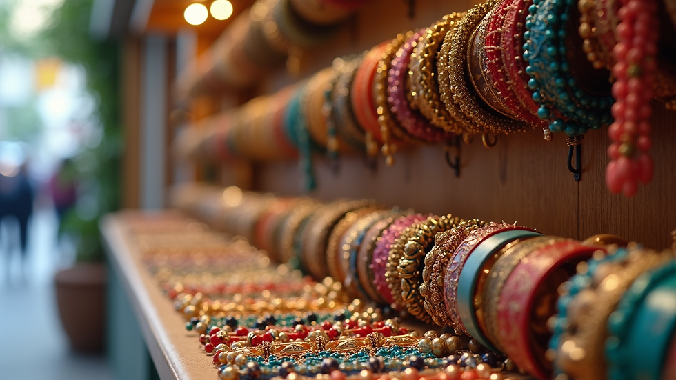 Eye-level view of a handmade jewelry display with colorful necklaces and bracelets