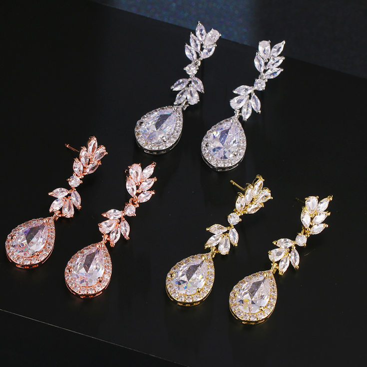 Ekopdee Luxury Flower Cubic Zirconia Bridal Earrings