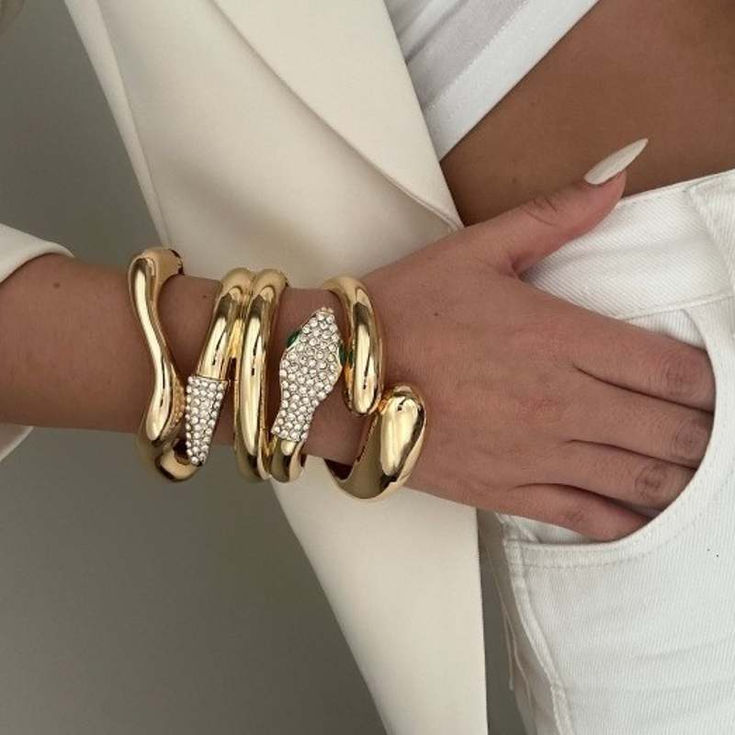 Vintage Rhinestone Snake Irregular Heavy Metal Chunky Wide Cuff Bangles