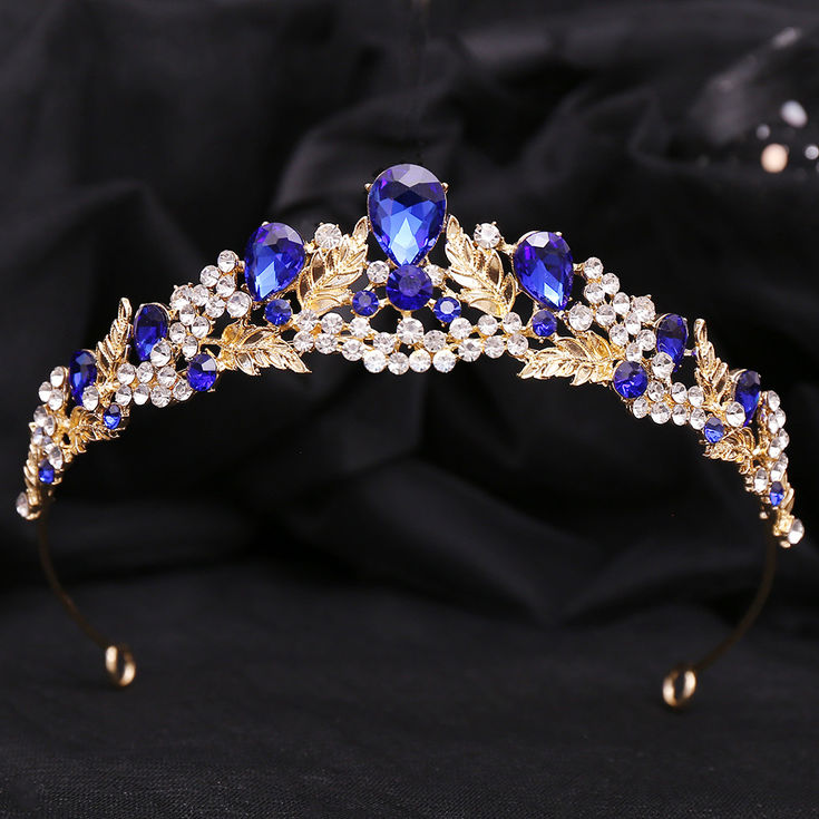 Baroque Gold Color Blue Diadem Rhinestone Crystal Tiaras Bride