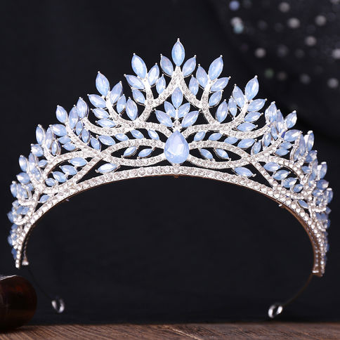 Luxury Silver Color Blue Opal Crystal Leaves Bridal Tiaras Crowns