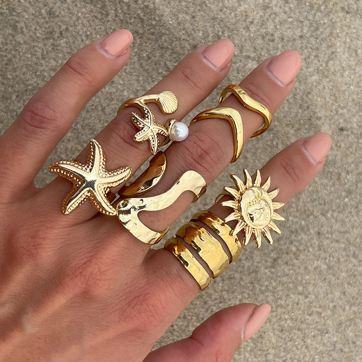 6Pcs/Set Vintage Gold Color Sun Starfish Open Ring for Women Men Punk Gothic