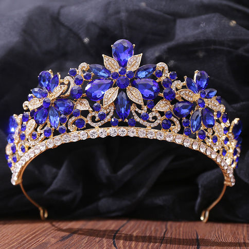 Baroque Gold Color Blue Diadem Rhinestone Crystal Tiaras Bride