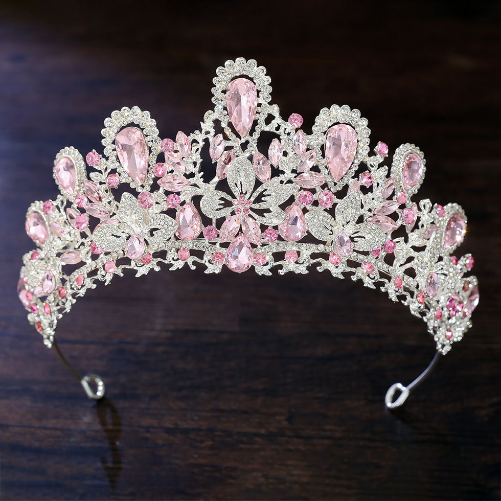 Luxury Water Drop Pink Crystal Bridal Tiara Crown Silver Color