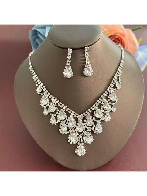 Hot selling bride crystal full diamond necklace earrings two-piece set exquisite
