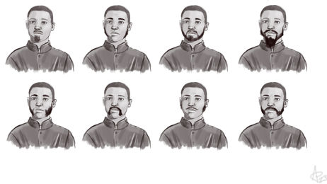 Line-up of 8 copies of the same character's face, each with a different beard style