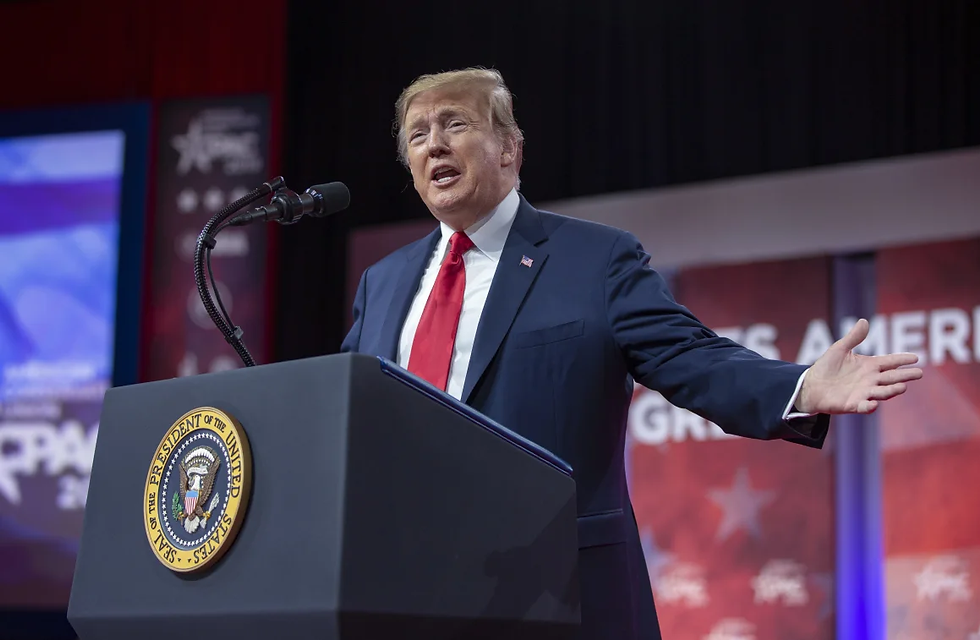 Trump in 2019 speaking at a CPAC event in National Harbor, Maryland, Tasos Katopodis/Getty Images.